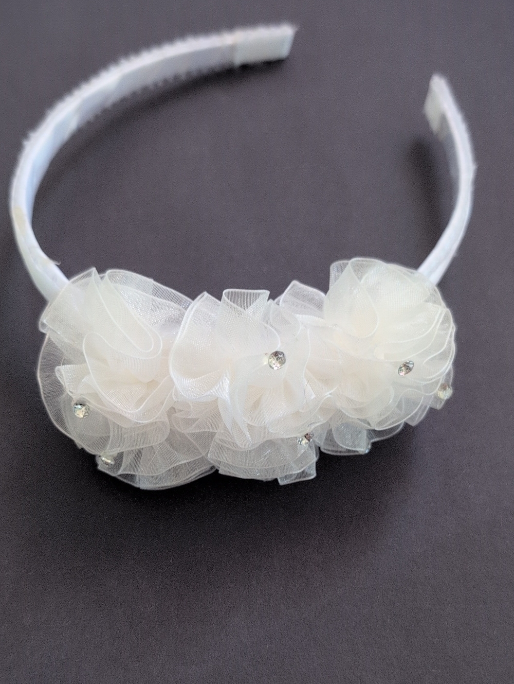 White Flower Mesh Rhinestones Kids Headband